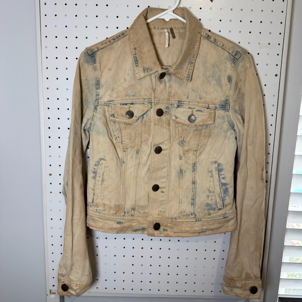 Free People Crop Jacket Women's Beige Acid Wash‎ Denim Distressed Button Trucker